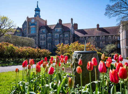 Tulips around the sundial outside the Chapel