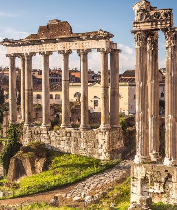 View of the Temple of Saturn in the Forum in Rome
