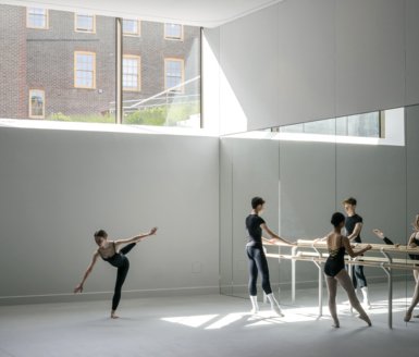  Dance scholars practicing at the barre in the Dance Studio 