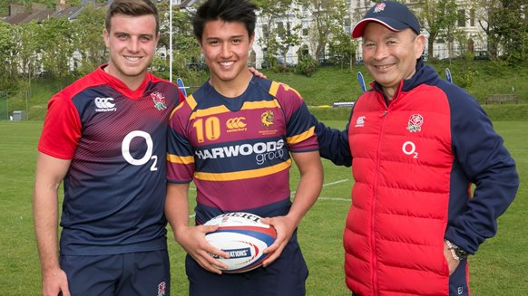 Brighton College Old Brightonian Marcus Smith with George Ford and Eddie Jones.jpg